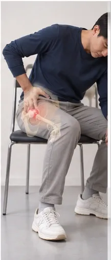의자에 앉아 몸을 기울이며 고관절 주변을 짚는 남성의 모습